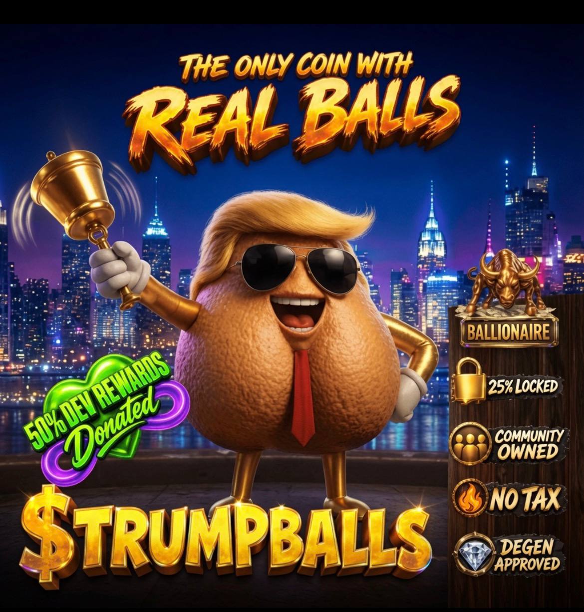 TrumpBalls mascot — The Only Coin With Real Balls, holding a golden bell with NYC skyline